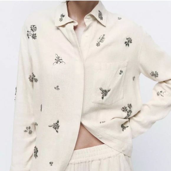 NWT ZARA JEWELED LINEN SHIRT - Picture 5 of 10